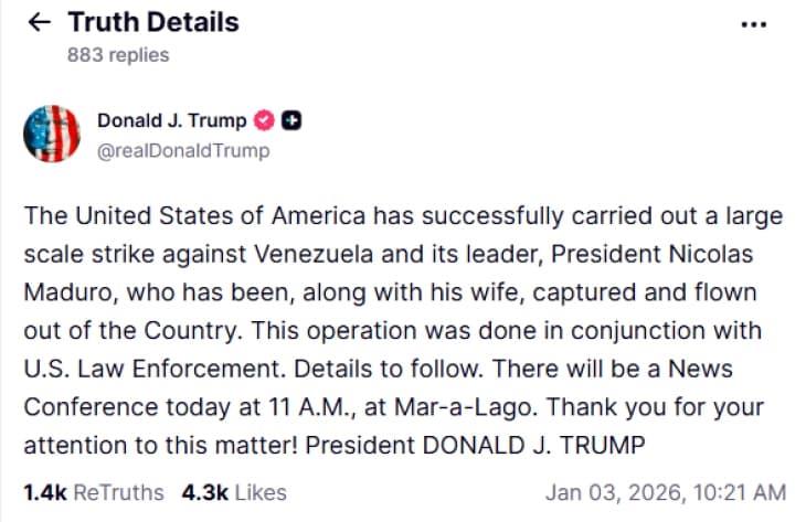Трамп објави дека Мадуро бил заробен и однесен од Венецуела