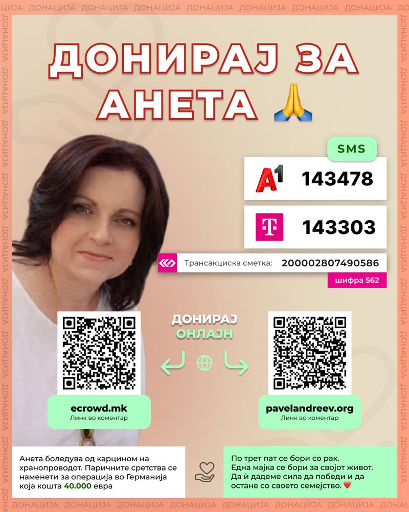 Донаторски линии за помош за лекување на Анета Ивановска