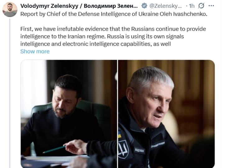 Зеленски: Украина има „неоспорни“ докази дека Русија му дава разузнавачки податоци на Иран