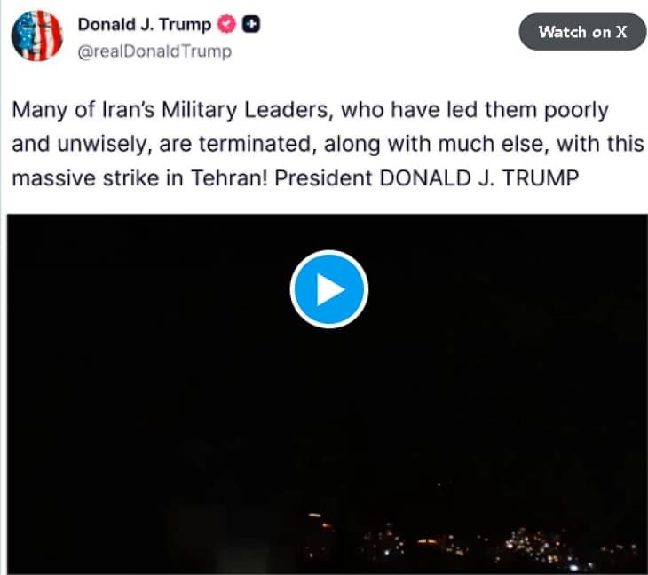 Трамп објави видео од смртоносен напад врз Техеран: Убивме многу ирански воени лидери