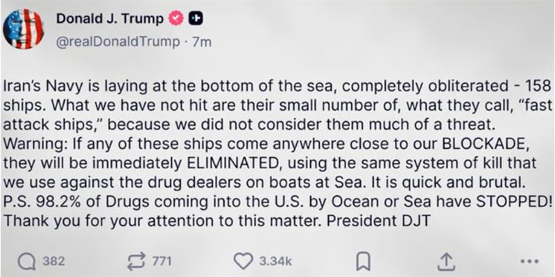 Трамп се закани: Ги уништивме големите ирански бродови, а сега се на ред малите доколку се приближат до блокадата 