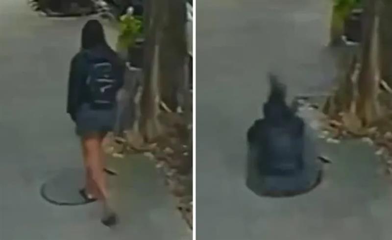 Девојка гледа во телефон, кога наеднаш пропаѓа во шахта (Вознемирувачко видео) 