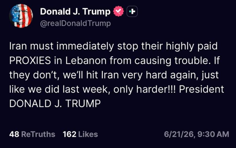 Трамп: Доколку Иран не ги запре своите сојузници во Либан, ќе удриме многу силно