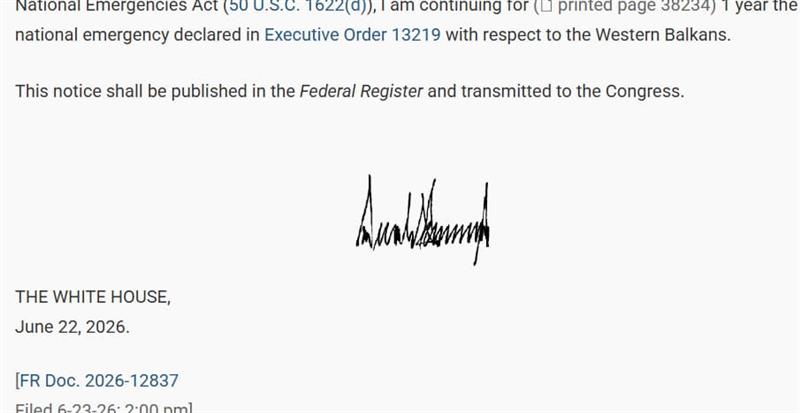 Трамп потпиша продолжување на националната вонредна состојба за Западен Балкан