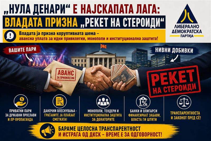 ЛДП: „Нула денари“ е најскапата лага - Владата призна „Рекет на стероиди“ со авансна уплата за идни привилегии, монополи и институционална заштита!