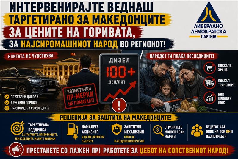 ЛДП: Интервенирајте веднаш таргетирано за Македонците за цените на горивата